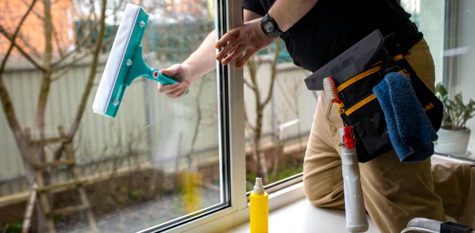 worker doing window cleaning